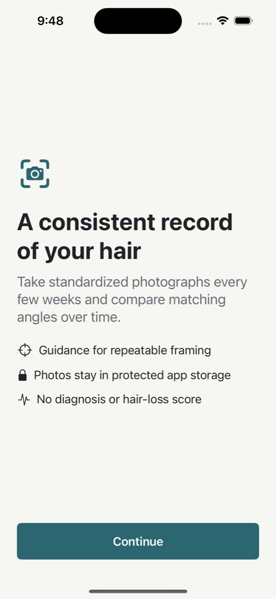 Baseline welcome screen explaining consistent framing and private photo storage